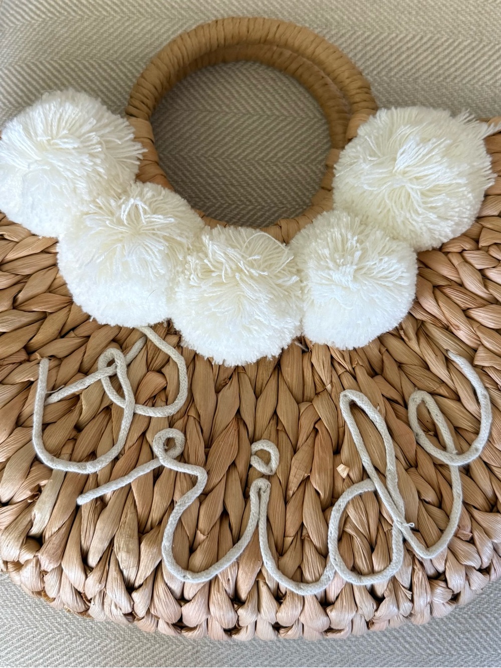 Bride- Handwoven Pom Pom Straw Tote Bag - Cream